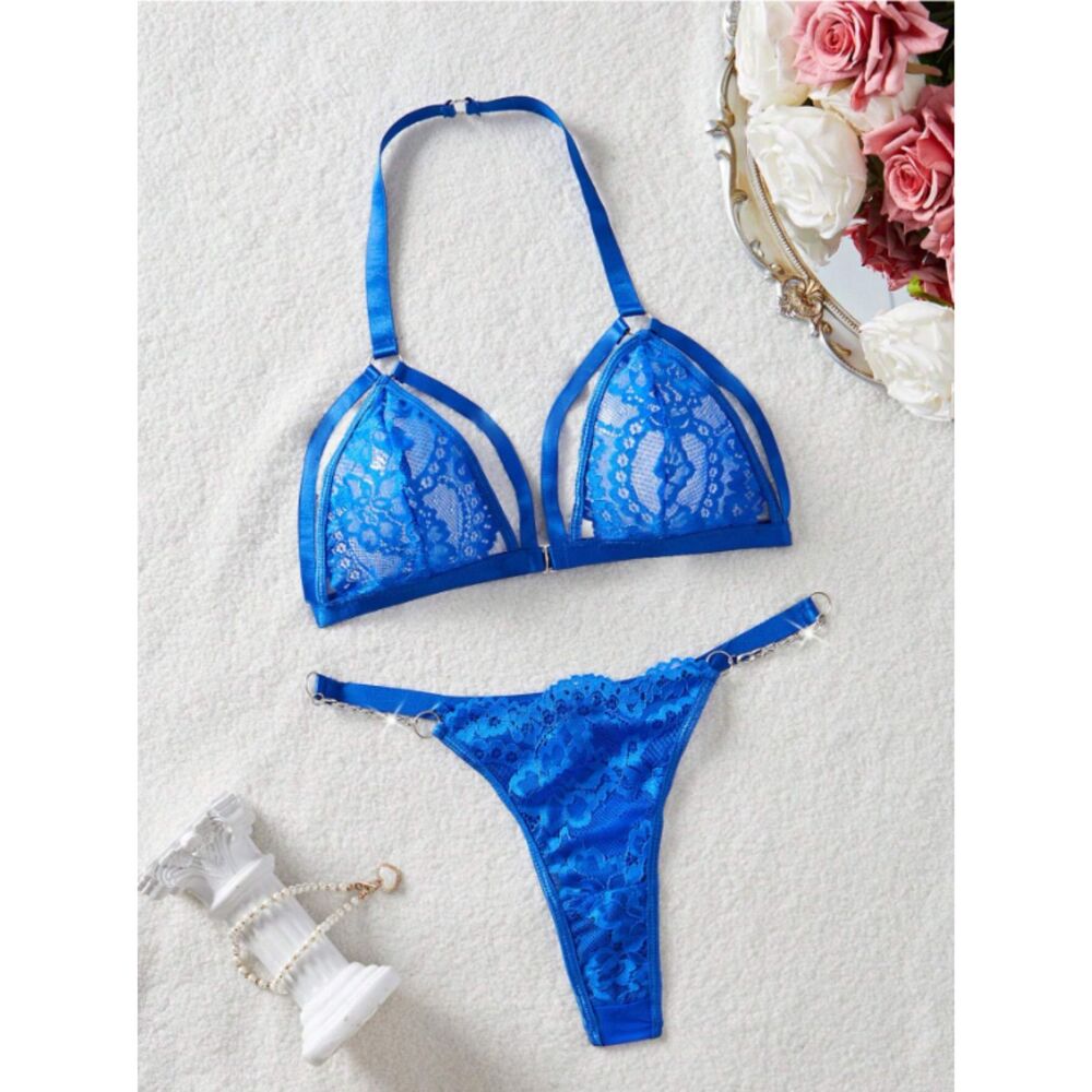 XL Classic Sexy Blue Floral Lace Harness Halter Front Closure Bra Lingerie Set